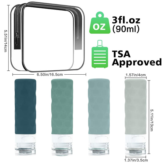 Travel Bottles for Toiletries, 4pcs Tsa Approved 3oz Travel Size Containers, BPA Free Leak Proof Premium Silicone Bottles, Refillable Liquid Squeezable Accessories W/Toiletry Bag(Mint)