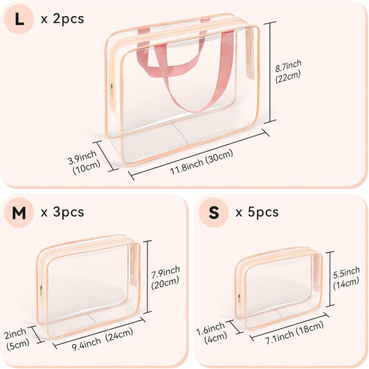 TISRATOK 10 PCS Clear Travel Makeup Toiletry Bag, Plastic PVC Cosmetic TSA Approved Organizer Kit with Zipper Handbag(Pink)