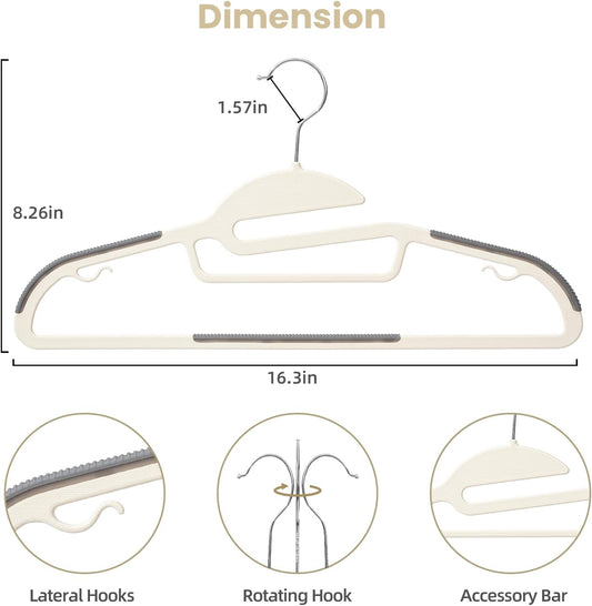 BAGAIL Plastic Hangers 50 Pack with Non-Slip Design,0.2 Inches Thick, 360°Swivel Hook Space Saving Organizer for Bedroom Closet,Shirts,Pants(Beige- S Shaped)