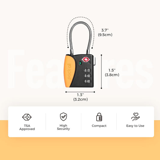 pack all TSA Approved Cable Luggage Locks, 3 Digit Combination Padlocks, Travel Lock for Suitcases & Bag, Alloy Body, Travel Accessories (1 Pack)(Orange)