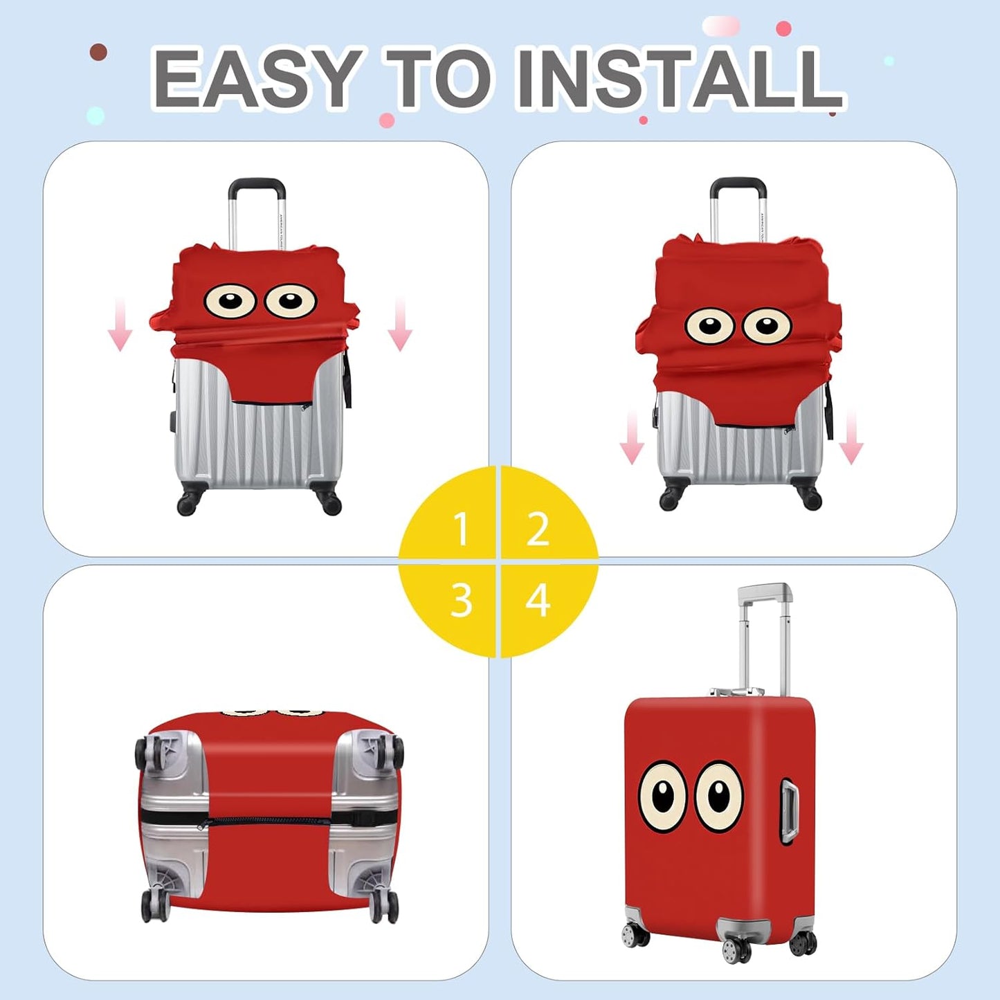 ANNA QUEEN Funny Cartoon Eyes Luggage Cover, Red Suitcase Protector with Cute Big Eyes Design, Travel Suitcase Cover for 24-26 Inch Luggage, Stretchable & Washable Spandex Travel Accessories
