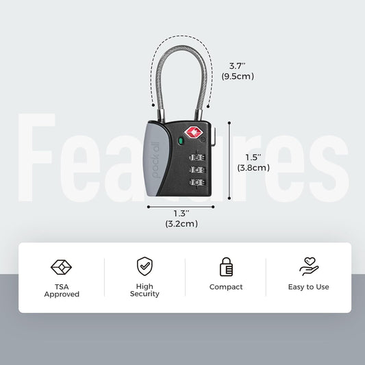 pack all TSA Approved Cable Luggage Locks, 3 Digit Combination Padlocks, Travel Lock for Suitcases & Bag, Alloy Body, Travel Accessories (1 Pack)(Grey)
