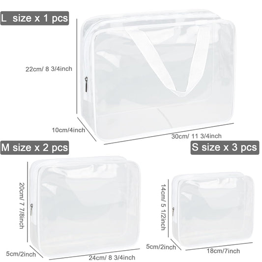 APREUTY Clear Makeup Bags, TSA Approved 6 Pcs Cosmetic Makeup Bags Set Clear PVC with Zipper Handle Portable Travel Luggage Pouch Airport Airline Vacation Organization (Bright White)