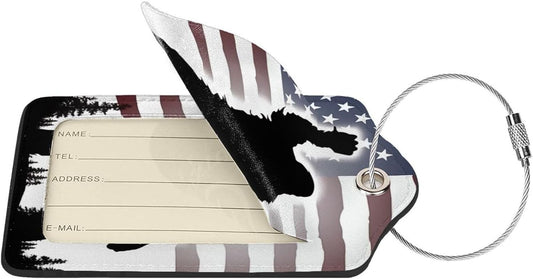 American Flag Leather Luggage Tag with Stainless Steel Ring, Fun Name Id Card Cover Travel Bag Tag Set, Suitable for Travel Bag Luggage Women Men 4 PCS