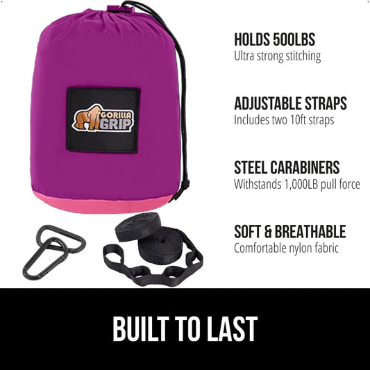 GORILLA GRIP Durable Portable Camping Hammock, Holds 500lbs with Heavy Duty Tree Straps, Comfortable Travel Swing, Camp Hammocks, Easy to Use and Install, Outdoor Essentials, Purple, 10x6.5 FT