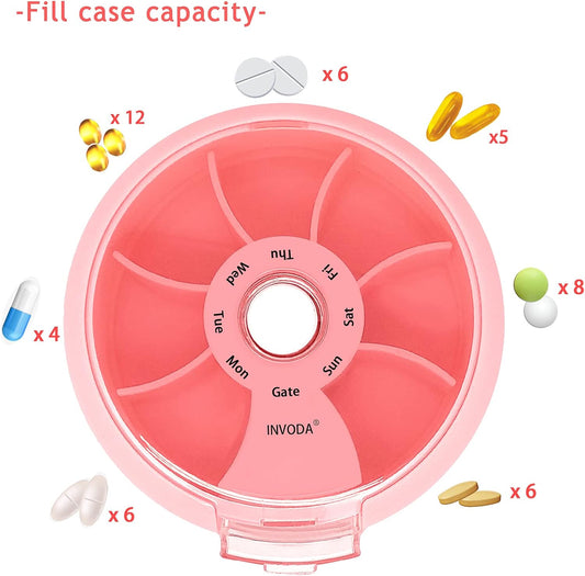 INVODA Weekly Pill Organizer 7 Compartment Rotating Pill Box for Daily Medication & Vitamins - Portable Travel Pill Case Fish Oil Supplements Vitamins Organizer (Pink+Sky Blue+Green)