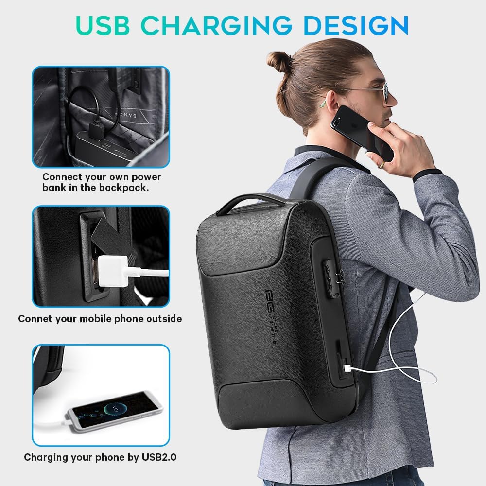 BANGE Black Genuine Leather Laptop Backpack for Men,Anti Theft Business Backpack with USB3.0 Charging Port, Smart Professional Lightweight Travel Backpacks for 15.6 Inch Laptop…