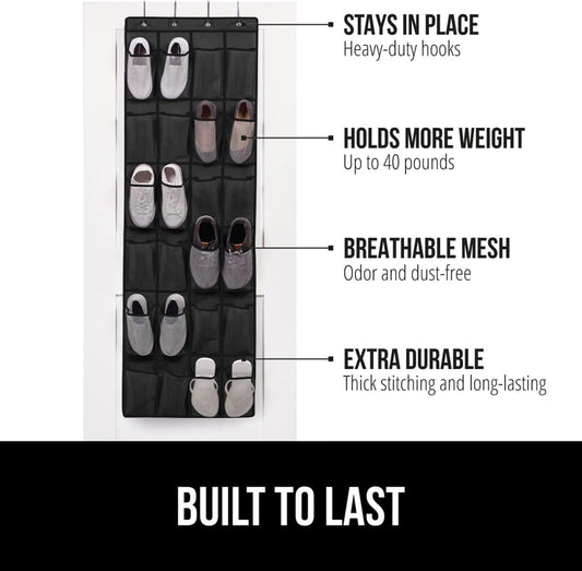 GORILLA GRIP Over the Door Shoe Organizer, 24 Large Breathable Mesh Pockets, Space Saving Hanging Storage Holder, Closet Rack Hanger Holds Up to 40 lbs, Hangs on Closets for Shoes, Accessories, Black