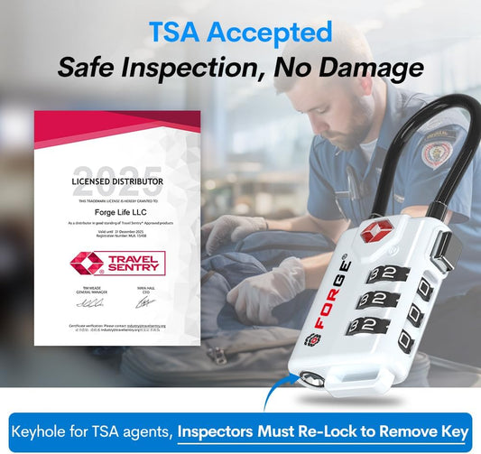 Forge TSA Approved Cable Luggage Locks, Re-settable Combination with Alloy Body(White 2 Locks)