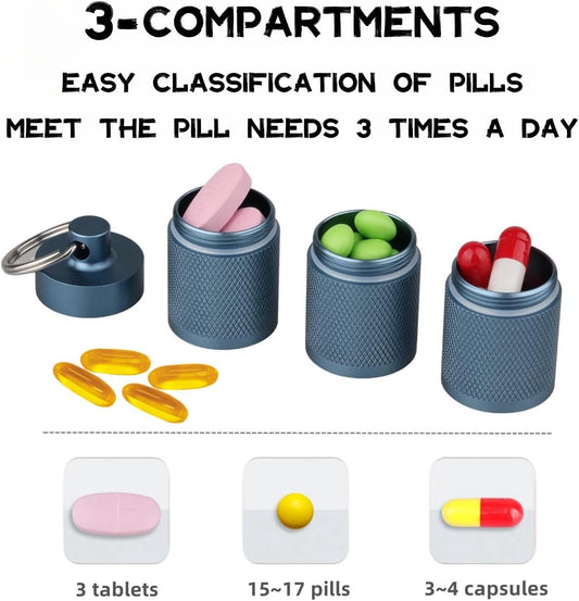 Waterproof Keychain Pill Holder - Compact, Portable, and Secure Pill Box with 3 Compartments - Pocket-Sized Pill Case and Container for Daily Medication on The Go, Blue