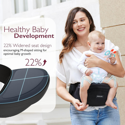 Momcozy Hip Seat Baby Carrier - Adjustable Waistband with Original 3D Belly Protector, Ergonomic Carrier with Various Pockets for Newborns & Toddlers up to 45lbs (Black, Large)