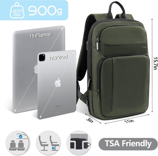 Backpack for Men Slim & Expandable Travel Laptop Backpack with USB Charging Port Water Resistant Anti-Theft Business Backpack Fits 15.6 Inch Laptop for Commute Work College with Small Bag(Olive Green)