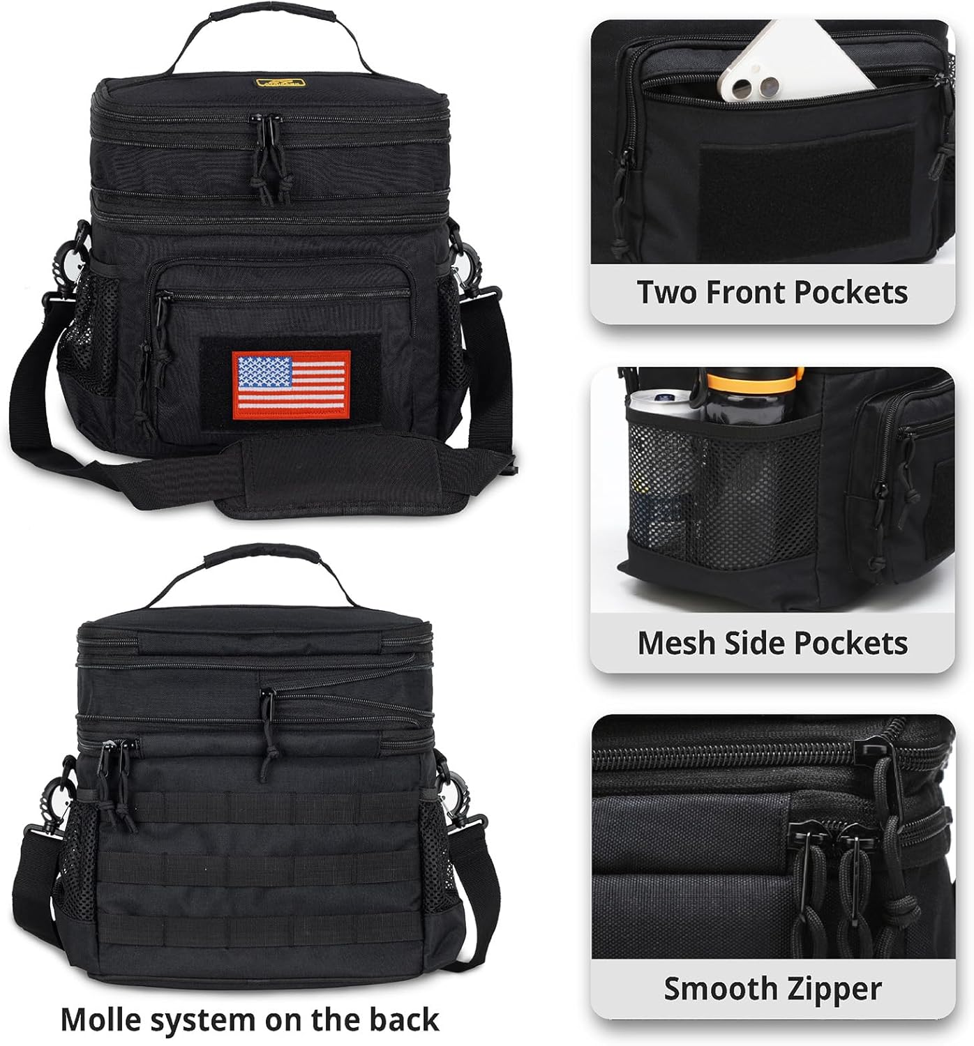 ATRIPACK Lunch Bag for Men, Double Deck Tactical Lunch Box Work with Shoulder Strap MOLLE Webbing Large Lunch Cooler Leakproof Insulated (Black)