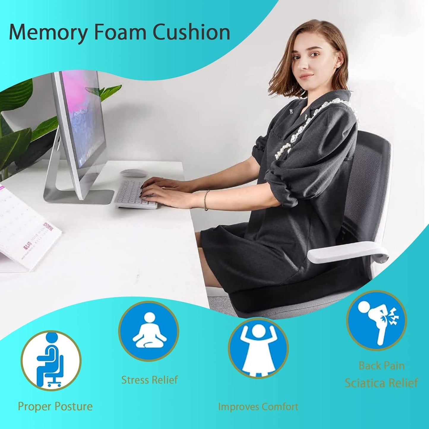 Chair Seat Cushion, Memory Foam Cushions for Office Chair, Car Seat, Airplane, Relieving Pressure Tailbone Sciatica Back Pain for Long Sitting Office Workers, Car Drivers(Grey)
