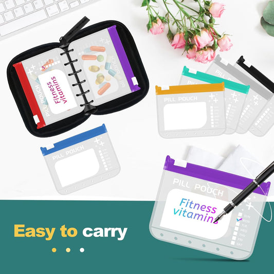 A7-L Water-Proof Pill Pouch Set, Large Pill Organizer, BPA Free, A7-L Pill Loose-Leaf Storage with Color-Coded Medicine Pouches, Reusable Travel Medicine Organizer, Zippered Pill Organizers Weekly