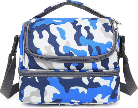 FlowFly Kids Double Decker Cooler Insulated Lunch Bag Large Tote for Boys, Girls, Men, Women, With Adjustable Strap, Blue Camo