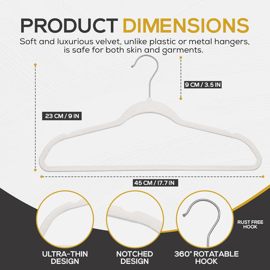 Premium Velvet Hangers 50 Pack Ultra Thin Non Slip Adult Felt Space Saving Slim Suit Hanger for Closet Heavy Duty Coat Pants Jackets Dress Hangers 360° Swivel Hook Hold Upto 10 lbs White