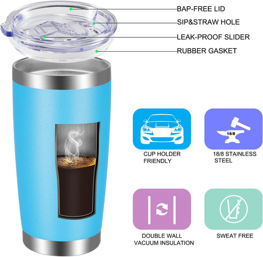 VEGOND 20oz Tumbler with Lid and Straw Stainless Steel Tumbler Cup Bulk Vacuum Insulated Double Wall Travel Coffee Mug Powder Coated Coffee Cup(Sky Blue 6 Pack