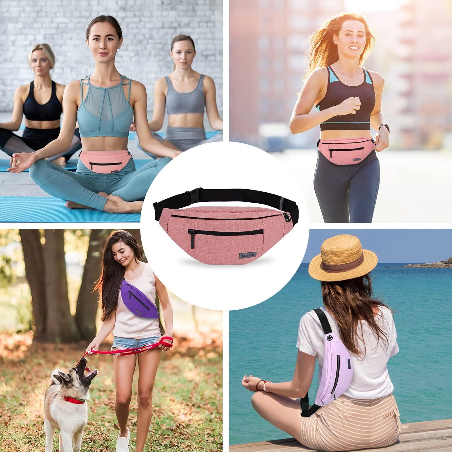 MAXTOP Large Crossbody Fanny Pack with 4-Zipper Pockets,Gifts for Enjoy Sports Festival Workout Traveling Running Casual Hands-Free Wallets Waist Pack Phone Bag Carrying All Phones