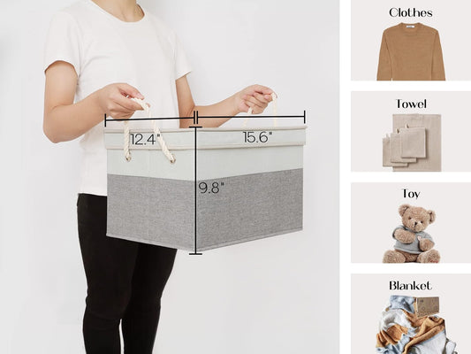 LoforHoney Home Fabric Storage Bins with Lids for Organizing, Foldable Closet Storage Boxes for Shelves, Clothes Baskets with Cotton Rope Handles, XLarge, Beige & Gray, 2-Pack