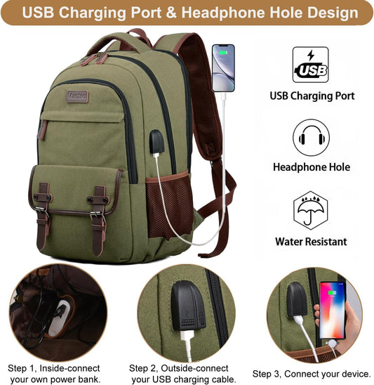 Mactso Canvas Travel Laptop Backpack for Men Women, Business Work Rucksack College Computer Bag Fits 17.3 Inch Notebook,Bookbag with USB Charging Port (Green, 17.3 Inch)