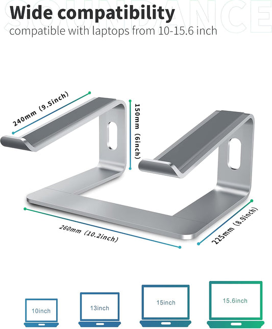 SOUNDANCE Laptop Stand, Aluminum Computer Riser, Ergonomic Laptops Elevator for Desk, Metal Holder Compatible with 10 to 15.6 Inches Notebook Computer, Silver