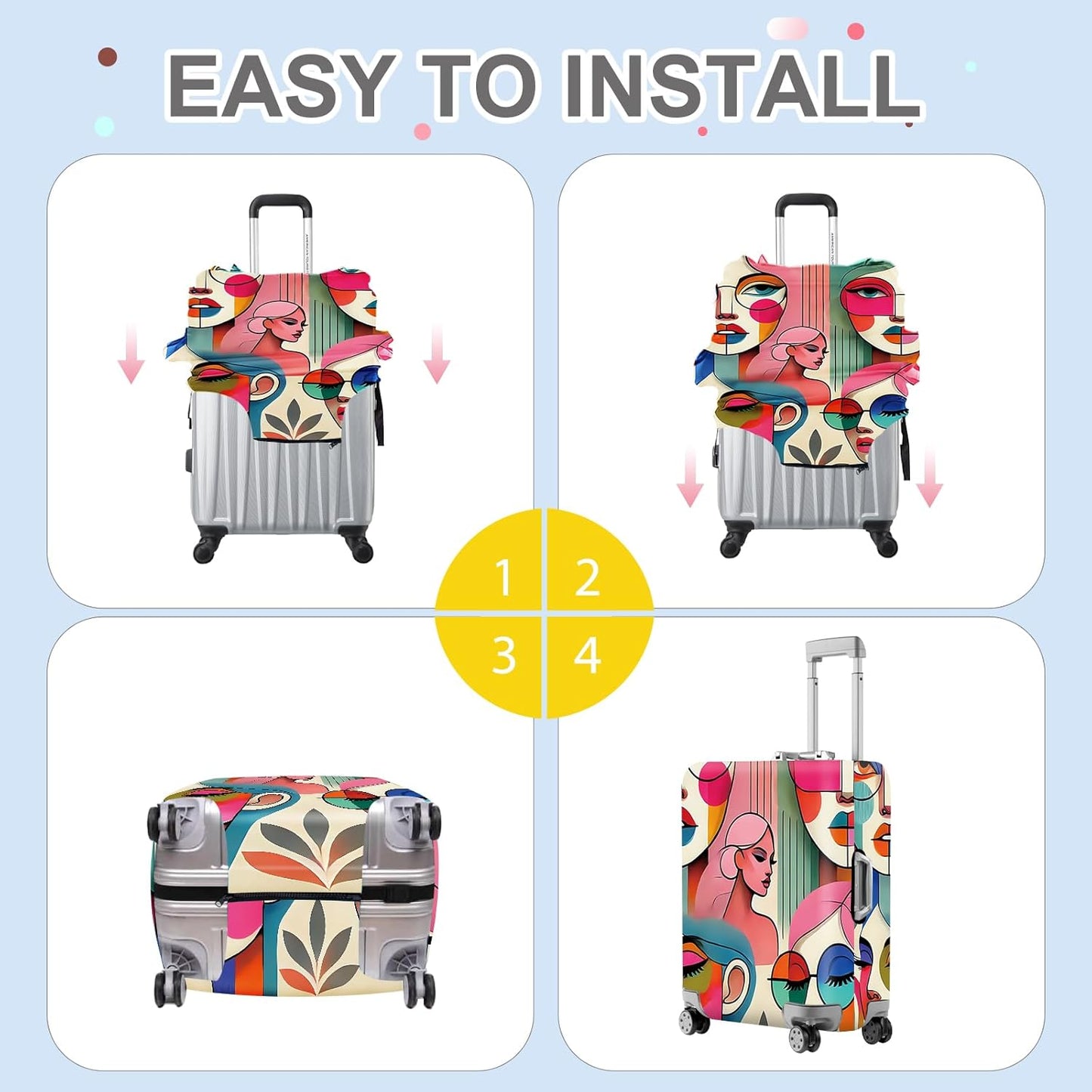 ANNA QUEEN Modern Art Fashion Luggage Cover, Stylish Abstract Woman Suitcase Protector, Washable, Stretchable Travel Sleeve for 20-22 Inch Luggage, Trendy, Colorful Design