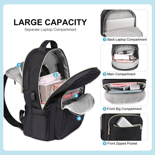 LOVEVOOK Laptop Backpack for Women, Stylish Quilted Backpacks Purse for Business Work Travel, Computer Bags Bag, with USB Port fits 15.6-inch Laptop, Black