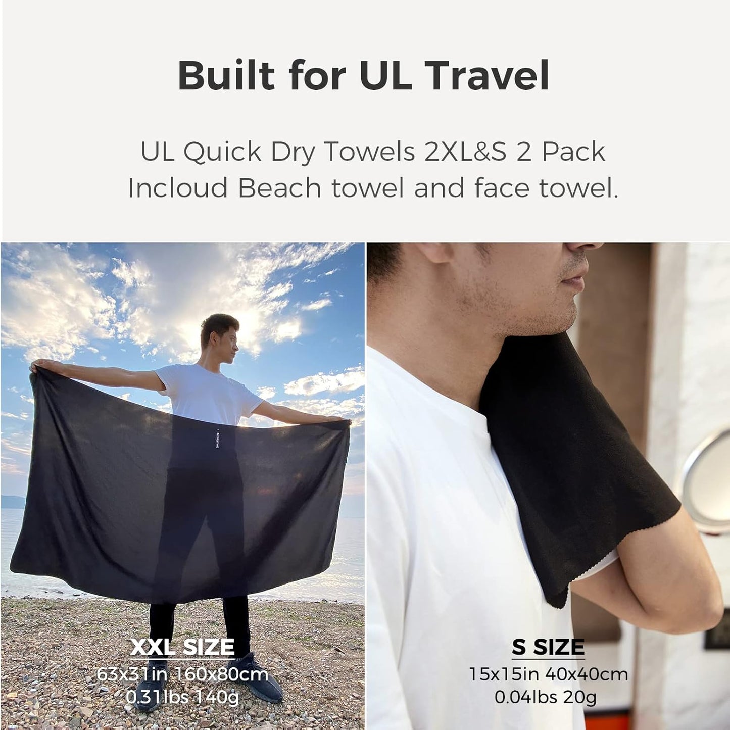 Ultralight Quick Dry Towel, 2 Pack Microfiber Towels with Compact Packable Pocket for Backpacking Travel Beach Gym Camping (Mint Green 2 Set), 2XL&S