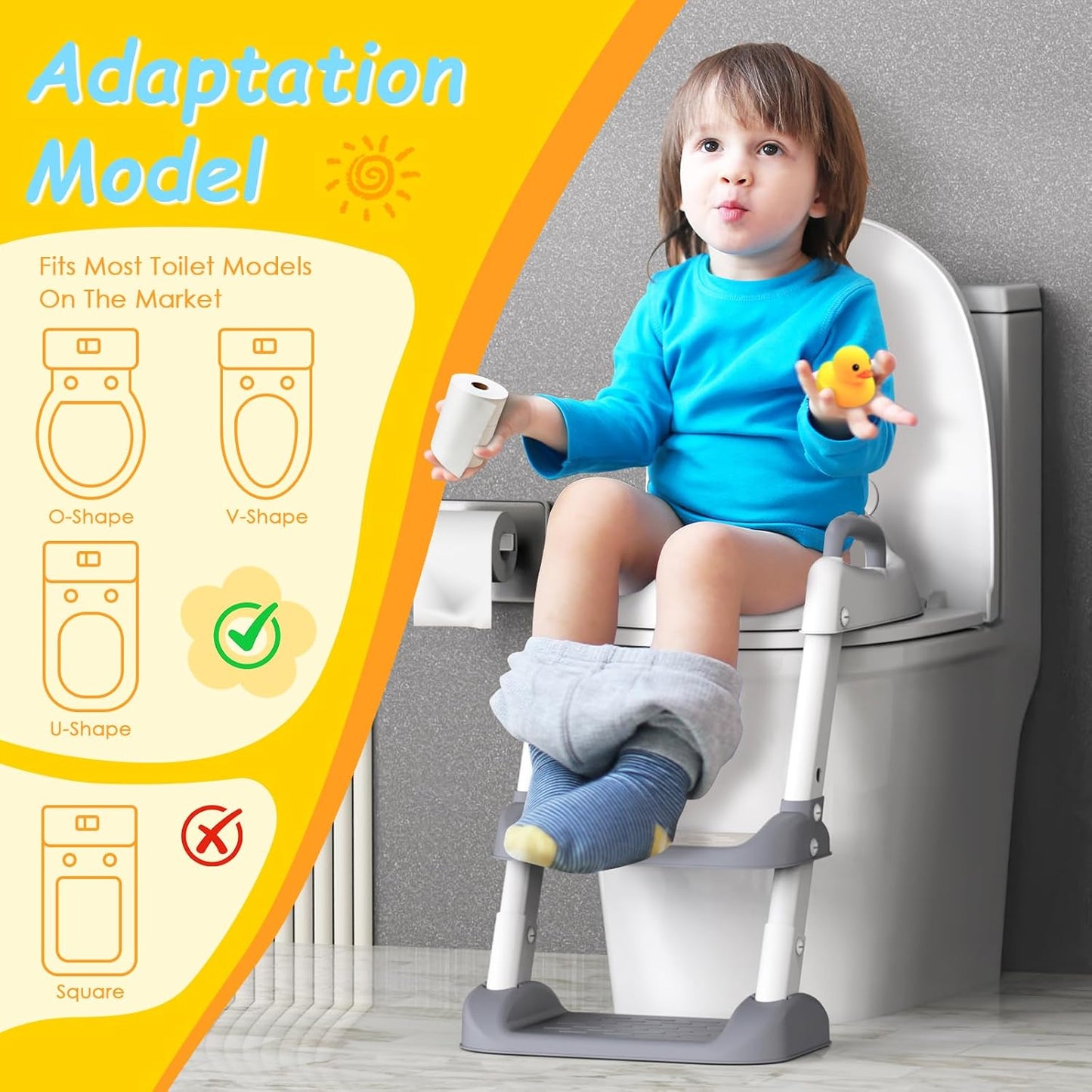 HBTower Potty Training Seat with Step Stool Ladder for Toddlers, Adjustable Kids Toilet Seat with Splash Guard, Anti-Slip Pads & Safety Handles, Comfortable Potty Chair for Boys & Girls (Grey)