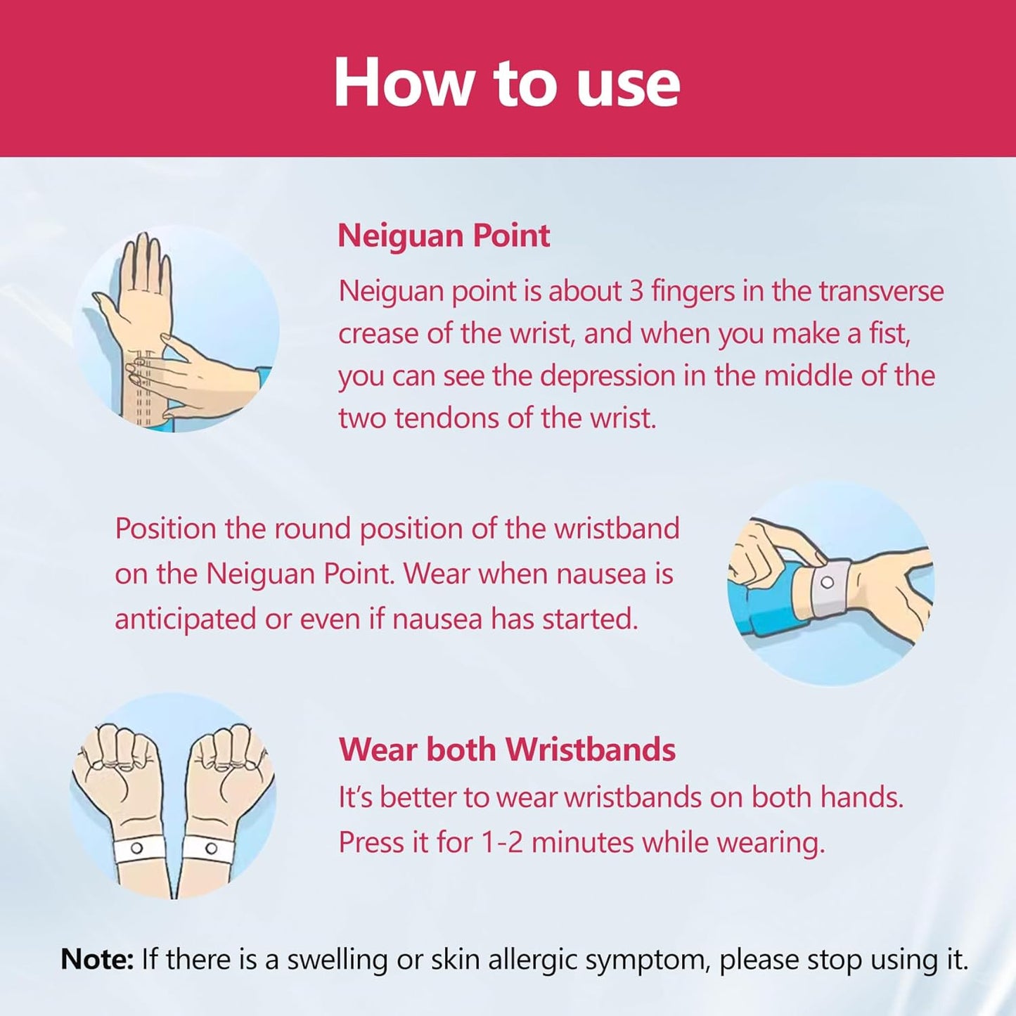 Motion Sickness Wristband, Anti-Nausea Acupressure Wrist Band for Nausea Relief, Dizziness and Vomiting from Car Sea Boat Flying Travel Sickness for Adults and Kids (Rose Red, Large, 2 Pairs)