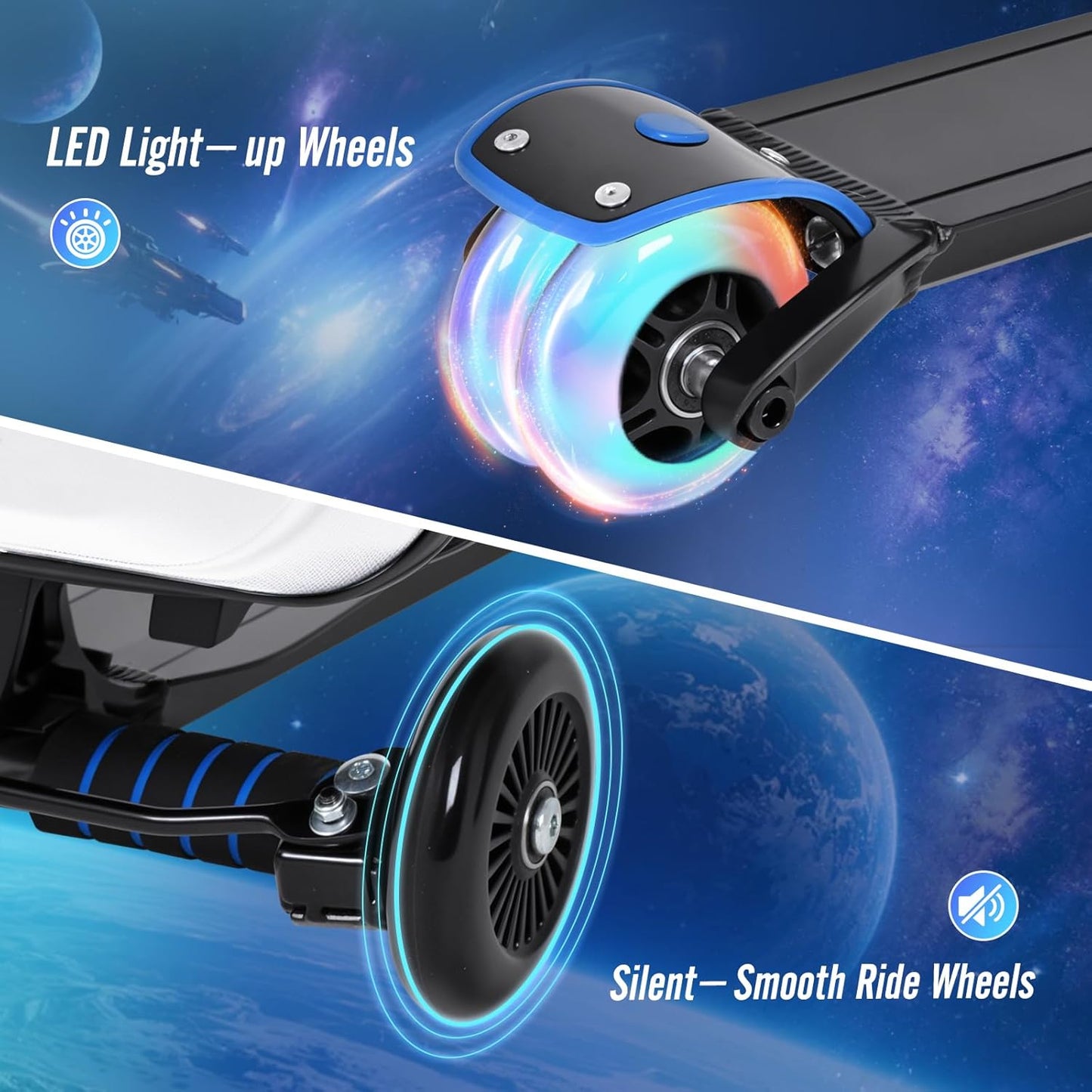 Scooter Suitcase for Kids & Adults, Foldable Carry On Travel Luggage, Hardside Ride on Scooter Suitcase with LED Light up Wheels,Silver