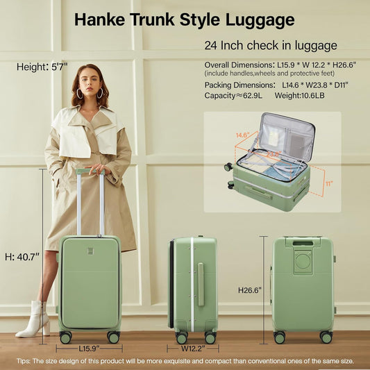 Hanke 24 Inch Luggage with Cup Holder and Charge,Top Opening Hard Shell Suitcases with Wheels and Dividers,Aluminum Frame Trunk Luggage Medium Checked Suitcase with Lock for Travel,Bamboo Green