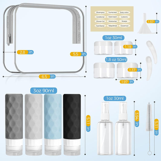16pack Travel Bottles for Toiletries, TSA Approved Travel Size Containers Set, Leak Proof Refillable Liquid & Creams Toiletries Accessories Kit W/Toiletry Bag (Gray)