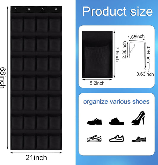 28 Mesh Pockets Hanging Shoe Organizer, Over the Door Shoe Organizer,Closet Storage Holder for Back of Door Storage Holder for Back of Door(Black)