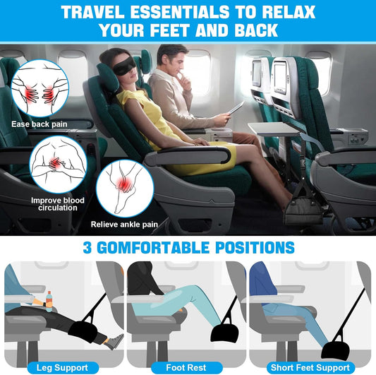 2 Pack Airplane Foot Rest,Portable Airplane Foot Hammock for Under Desk at Work to Relax Your Feet,Adjustable Memory Foam Foot Rest for Air Travel with Ear Plugs and Eye Mask