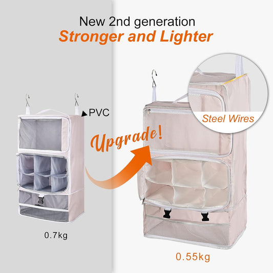 TABITORA Travel Portable Hanging Shelves Closet Organizer Packing Luggage Storage with Multifunctional and Foldable Invisible Compartment,Lightweight, for Suitcase, RV,Closet…Pink,XL