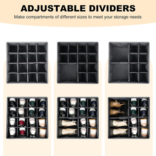 Shoe Organizer for Closet, Foldable Shoe Storage Bins with Clear Cover, Large Shoe Box Storage Container with Adjustabele Dividers, Fits up to 16 Pairs, Gray