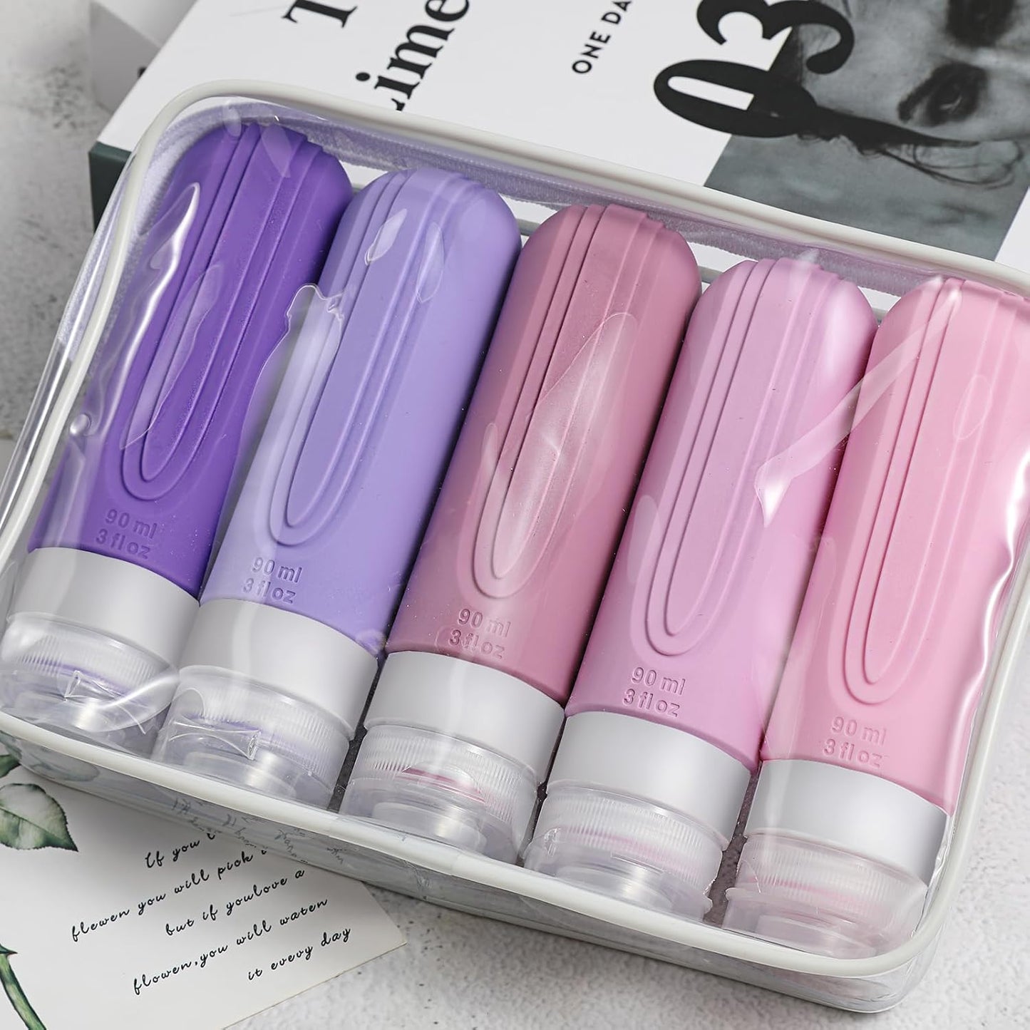 Travel Bottles for Toiletries, 5 Pack TSA Approved Travel Size Containers, 3oz Leak Proof Refillable Travel Accessories for Shampoo Conditioner, BPA Free Travel Bottles with Toiletry Bag
