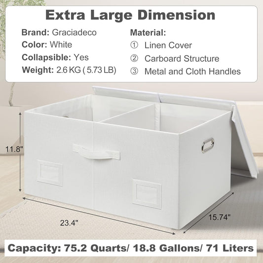 75 Quarts Extra Large Decorative Storage Bins with Lids, 1 Pack White Collapsible Storage Bins with Lids, Stackable Storage Bins Decorative Box Storage With Lid Extra Large