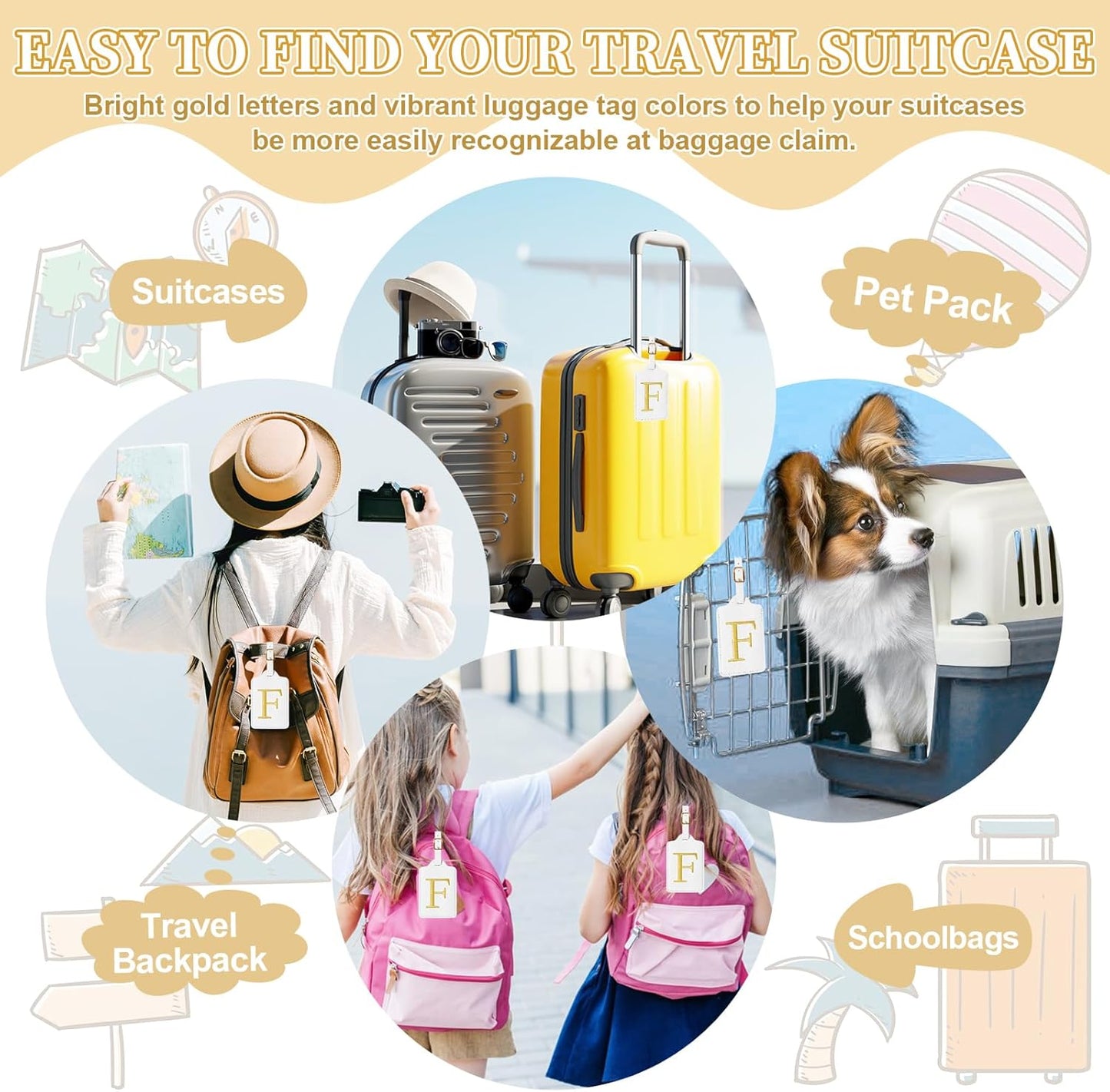 Personalized Initial Luggage Tags for Suitcase TSA Approved, White Leather Cute Luggage Tag with Privacy Cover Name Card, Embroidered Custom Luggage Tags Travel Baggage Tags Gifts for Women Kids(F)