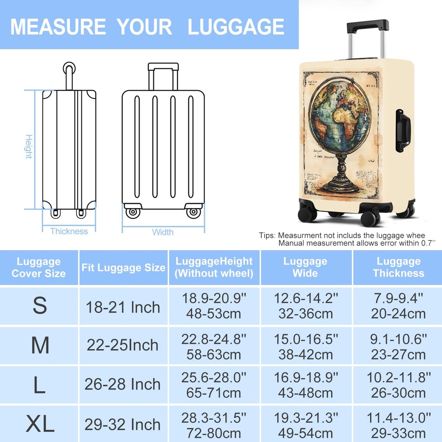 Luggage Cover Washable Suitcase Protector Anti-scratch Suitcase cover Fits 20-34 Inch Luggage (Globe, L(28-30inch suitcase))