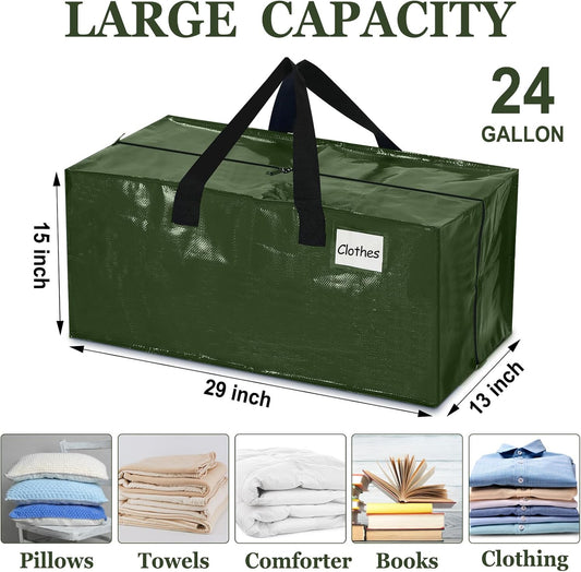 4 Pcs 24 Gallon Large Moving Bags with Zipper and Handles Foldable Storage Duffle Bags Heavy Duty Extra Large Totes for College Dorm Travel Clothes Blankets Bedding Moving (Green)