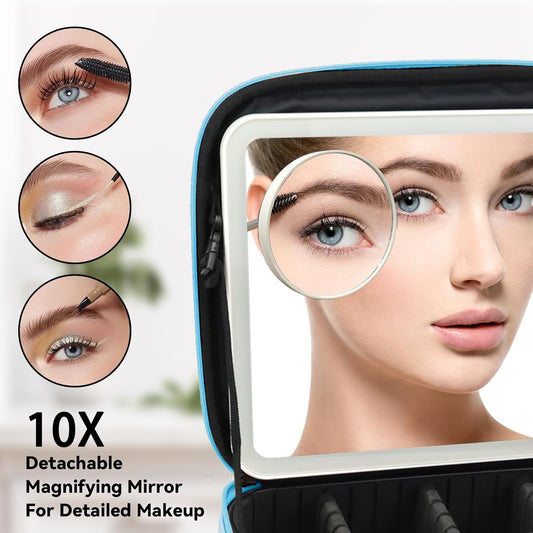 Travel Makeup Bag with LED Mirror and 10x magnifying glass with 3 Lighted Settings, Adjustable Dividers and Makeup Brush Storage Bag Blue