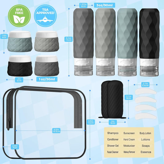 16Pack Travel Bottles for Toiletries, TSA Approved Travel Size Toiletries Containers Set, Silicone Leak Proof Refillable Bottles Elastic Sleeves Creams Jars Accessories Kit W/Clear Bag (Gray)