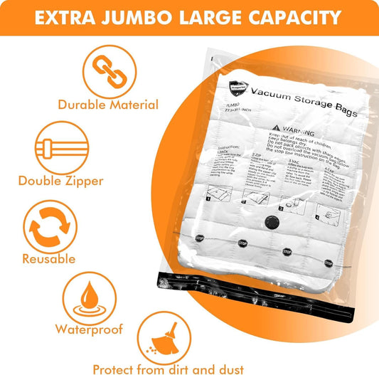 10 Jumbo Vacuum Storage Bags with Electric Pump,Plastic Packaging Bags, Space Saver Bag for Clothes, Mattress, Blanket, Duvets, Pillows, Comforters, Travel