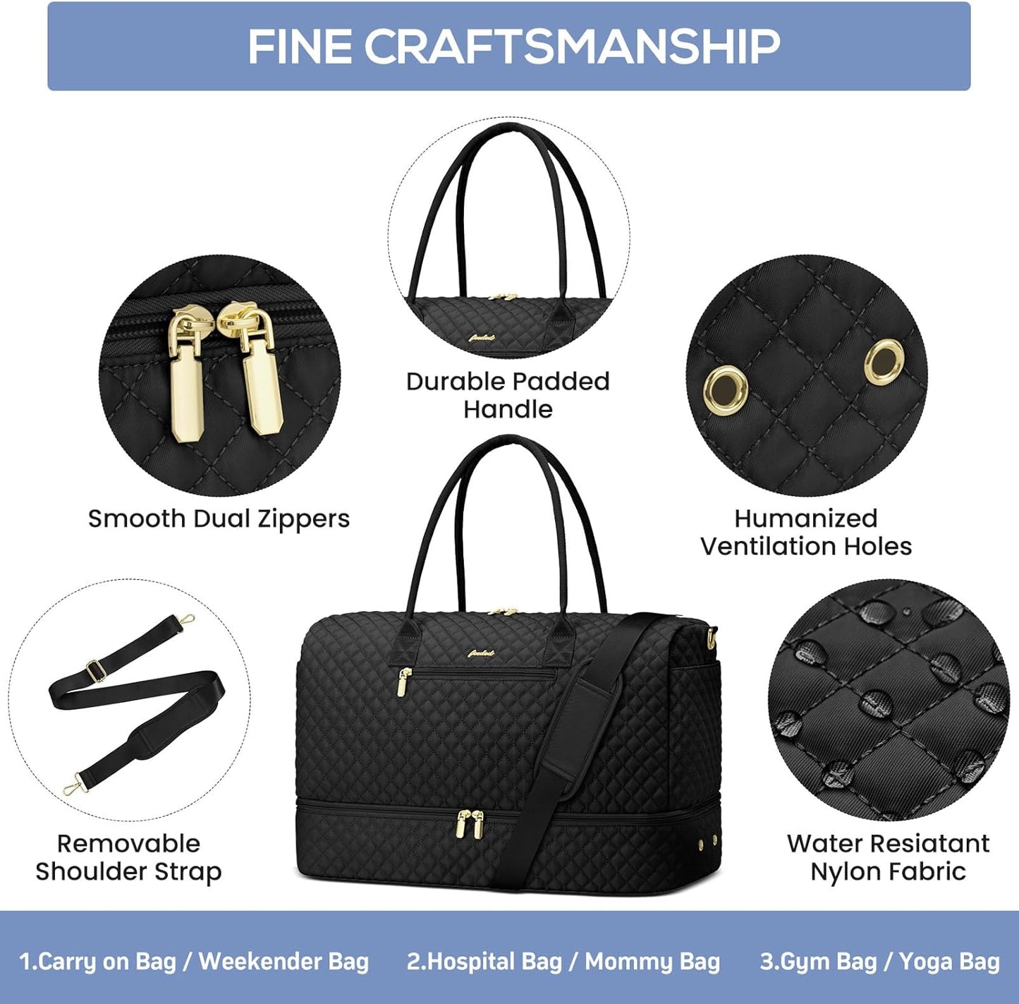 Travel Weekender Duffle Bag for Women - Overnight Bag with Shoe Compartment Carry on Bag with Toiletry Bag Gym Duffel Bag with Wet Pocket Hospital Bags for Labor and Delivery 3 Pcs Set Black