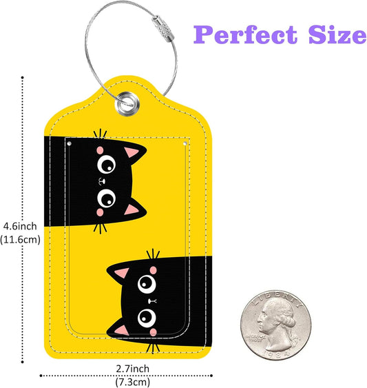 Set of 2 Luggage Tags Two Black Kitten Face Head Leather Suitcases Tag with Privacy Cover Stainless Steel Loop and Address Card for Women Men Travel