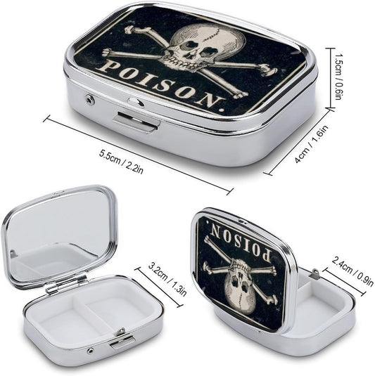 Metal 2 Compartment Pill Organizer Travel Friendly Portable Compact Pill Box Cute Pill Case to Hold Vitamins,Fish Oil,Supplements,Meds,Tablet for Purse,Pocket. (A Skeleton with a Black Background)