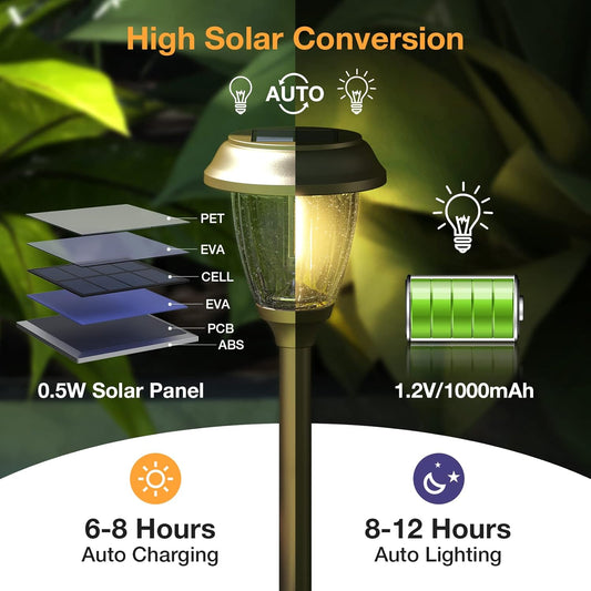 XMCOSY+ Solar Lights Outdoor 10/25 LM LED with 2 Lighting Modes, Solar Garden Lights Glass and Metal, IP65 Waterproof Solar Powered for Yard Pathway Walkway Driveway Patio (6 Pack, Warm White)